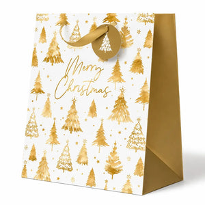 White and gold Christmas gift bag with metallic tree pattern