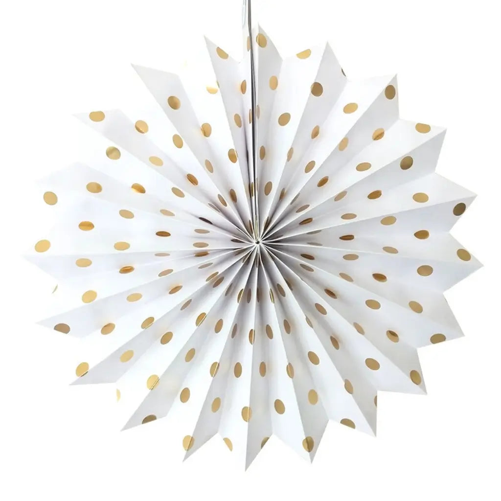 White Gold Polka Dot Hanging Paper Fan 30cm