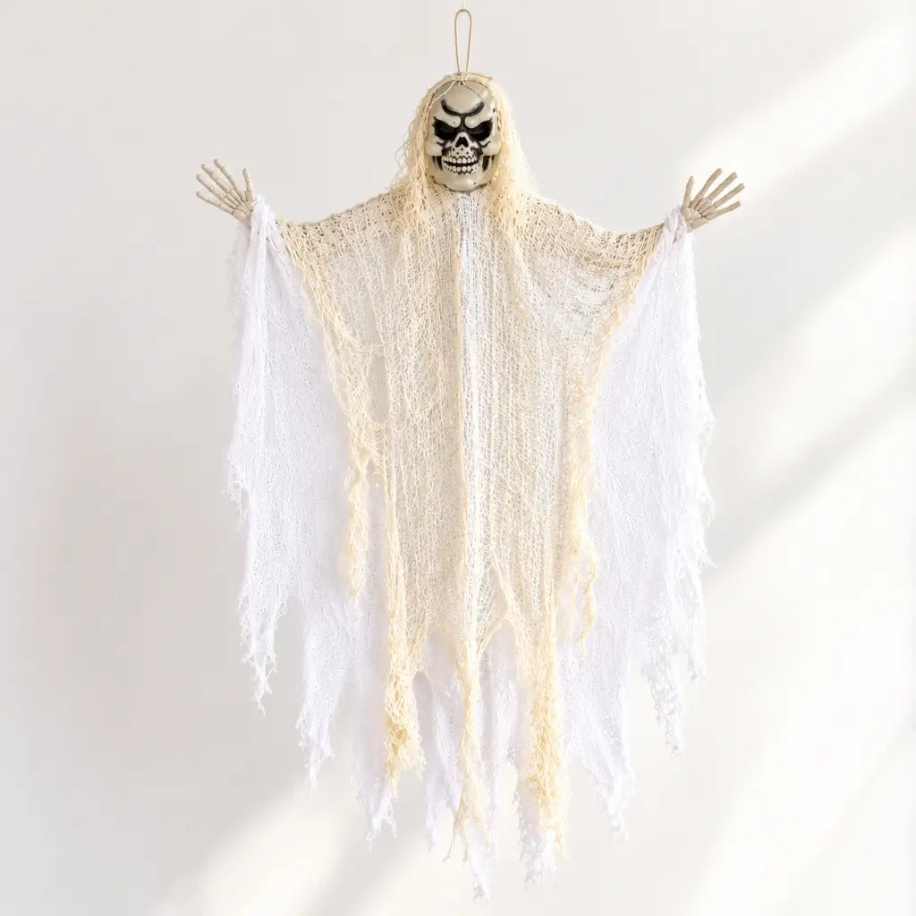 White Grim Reaper Halloween prop with a skeletal face and outstretched hands