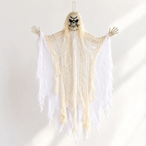 White Grim Reaper Halloween prop with a skeletal face and outstretched hands