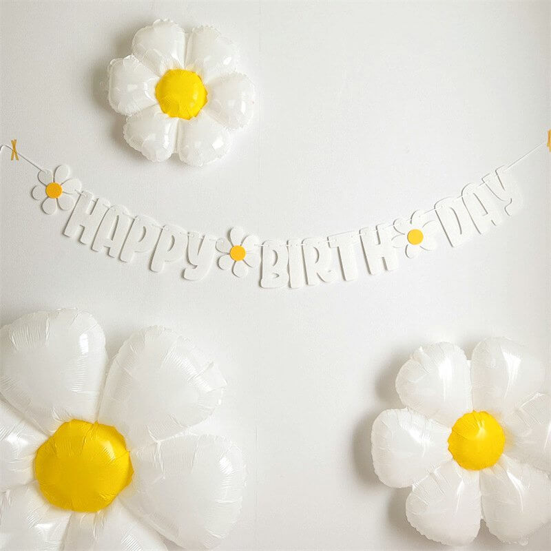 White Happy Birthday with White Daisy Flower Felt Banner Bunting