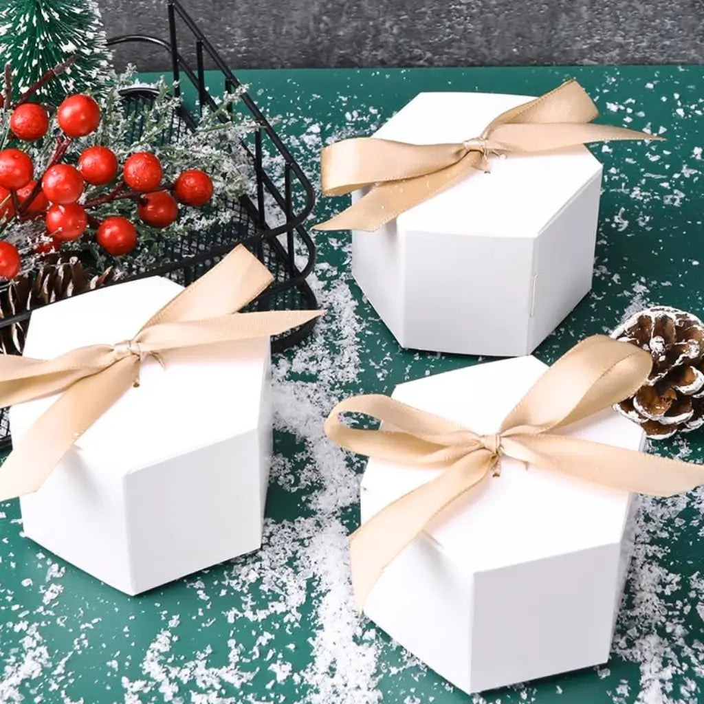 Hexagon Gift Boxes with Brown Ribbons 10pk