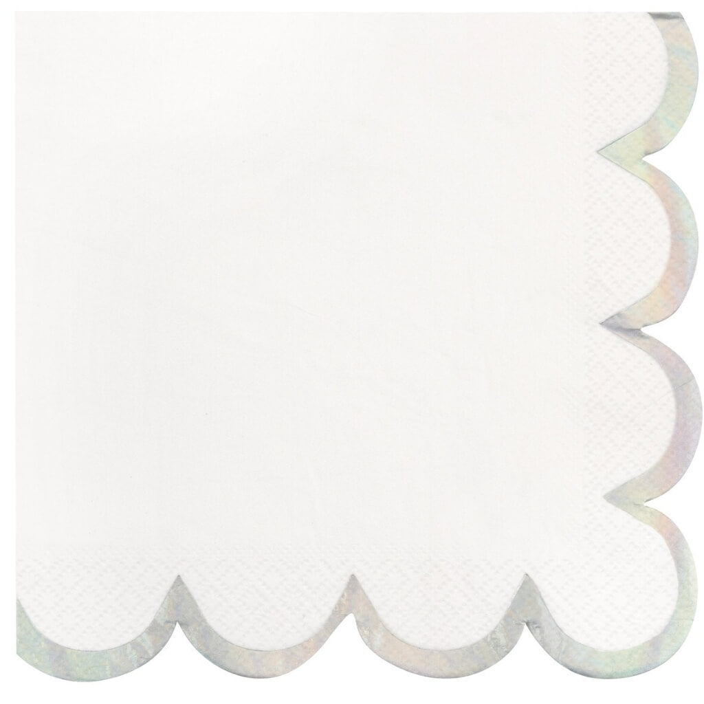 Pack of 16 Bright White Iridescent Foil Stamped Scalloped Edge Large Luncheon Napkins.