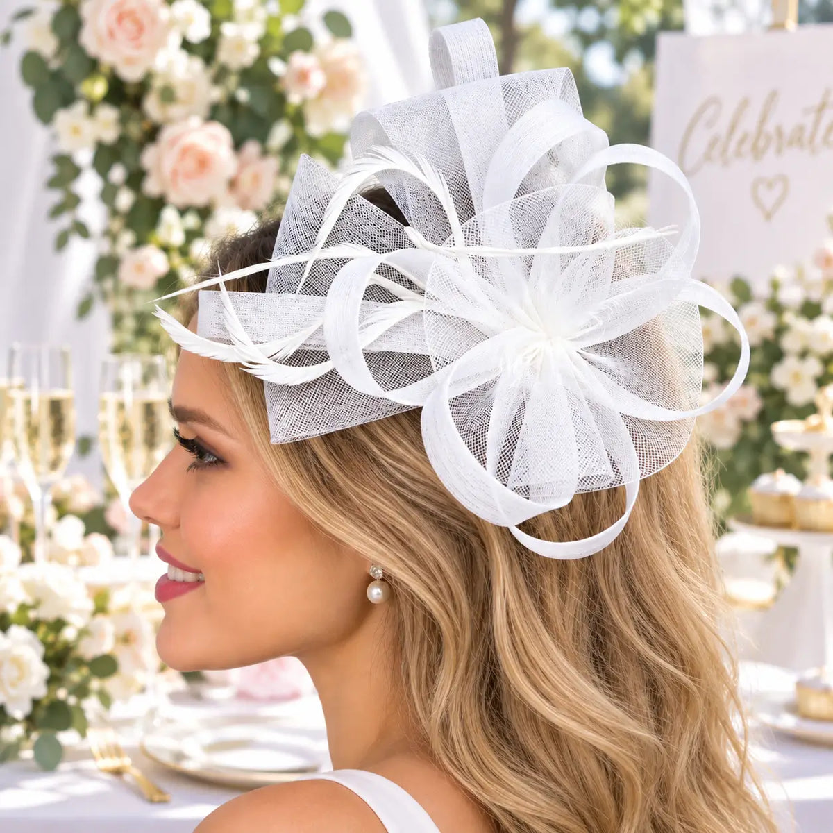 Abstract white mesh headpiece for race-day styling