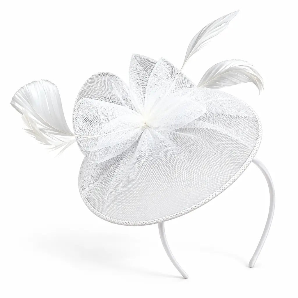 White mesh bow and feather fascinator headband worn to one side