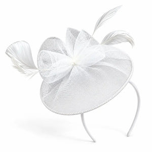 White mesh bow and feather fascinator headband worn to one side