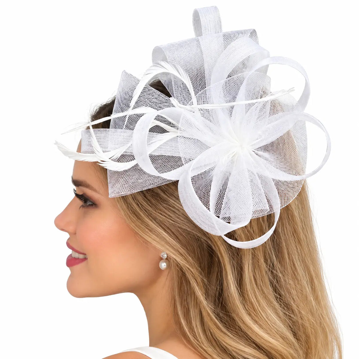 Emma white sculptural loop fascinator hair clip worn with loose curls