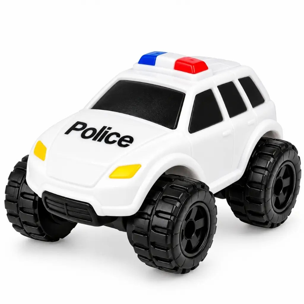 White police car squishy fidget toy with four chunky wheels