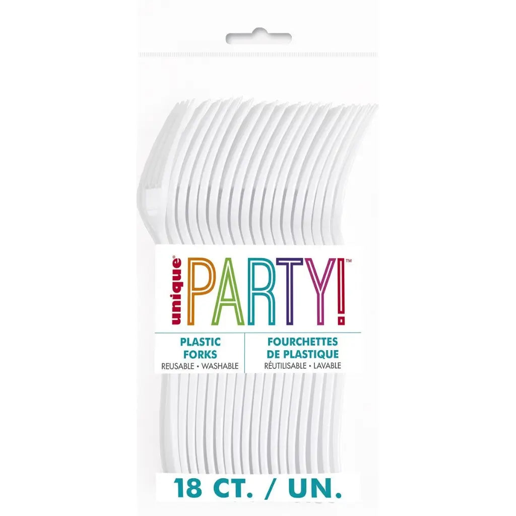 Pack of 18 white reusable plastic party forks