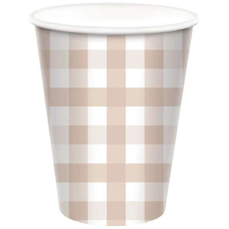 White Sand Gingham Paper Cups 266ml 8pk