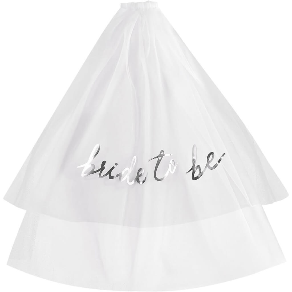 Bridal shower white veil headpiece with silver bride to be print