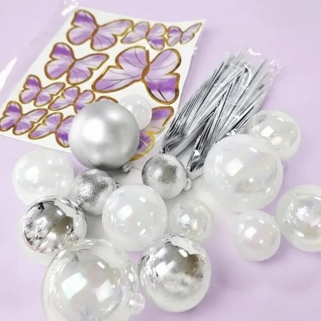 White Butterfly Cake Toppers with Silver Decorative Balls