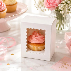 Cake Craft white single hole cupcake box with clear window.