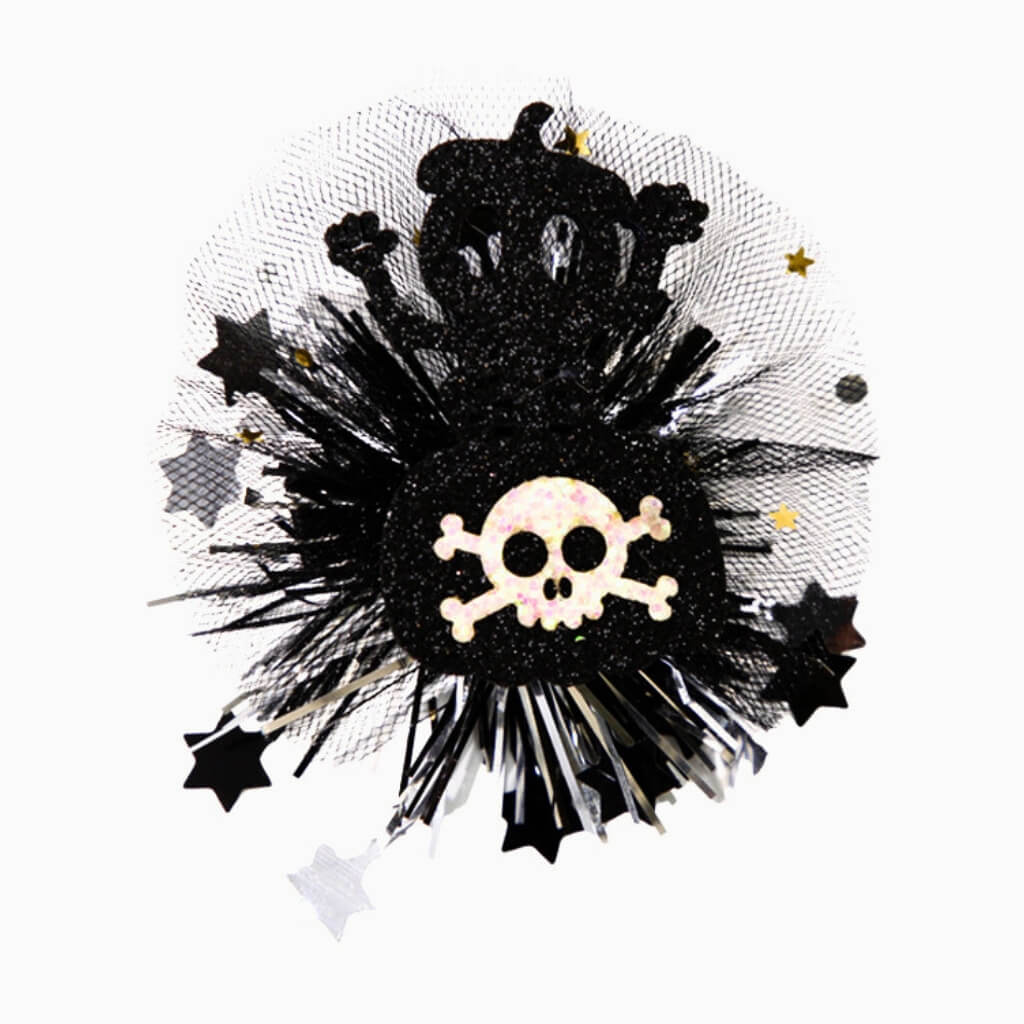 White Skull Crossbones Black Tinsel Hair Clip