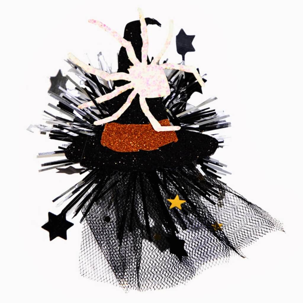 Glitter White Spider on Black Witch Hat Tinsel Hair Clip