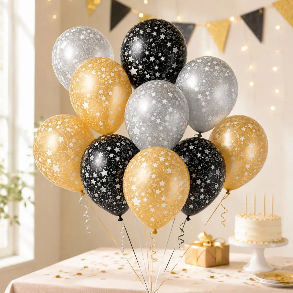 Ten black gold and silver formal star printed latex balloons