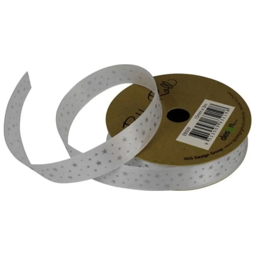 white Stars Satin Print Ribbon Roll 20mm x 3m