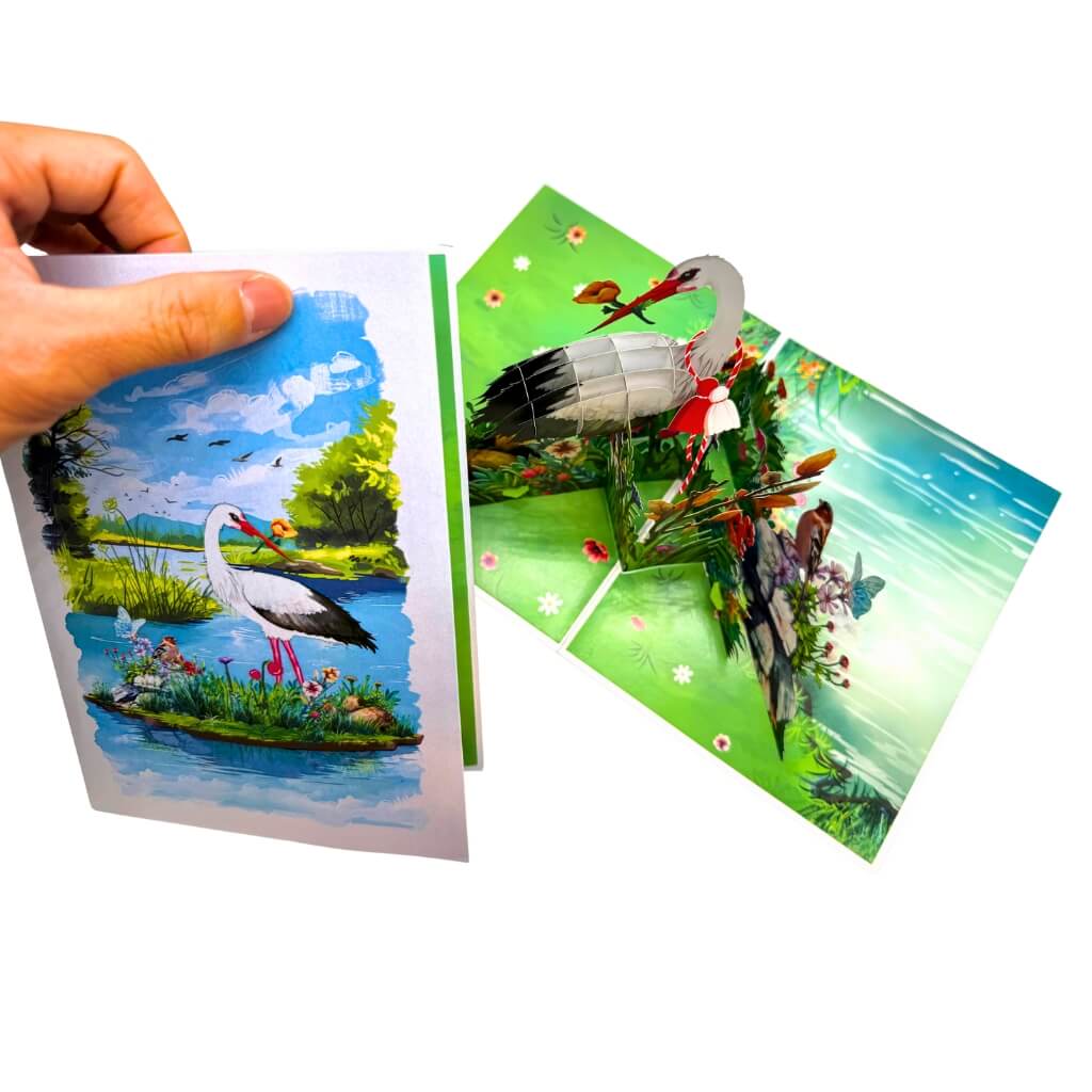 White Stork Bird in Lake with Spring Flowers 3D Pop-Up Greeting Card