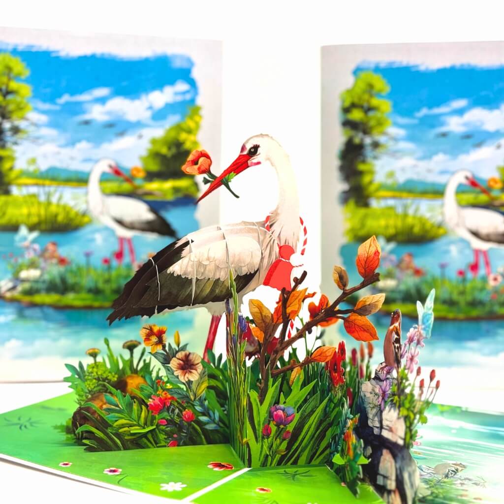 White Stork Bird in Lake with Spring Flowers 3D Pop-Up Greeting Card