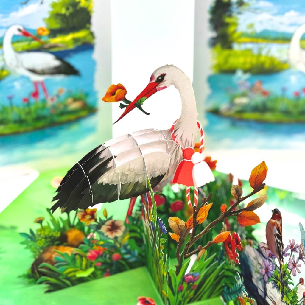 White Stork Bird in Lake with Spring Flowers 3D Pop-Up Greeting Card