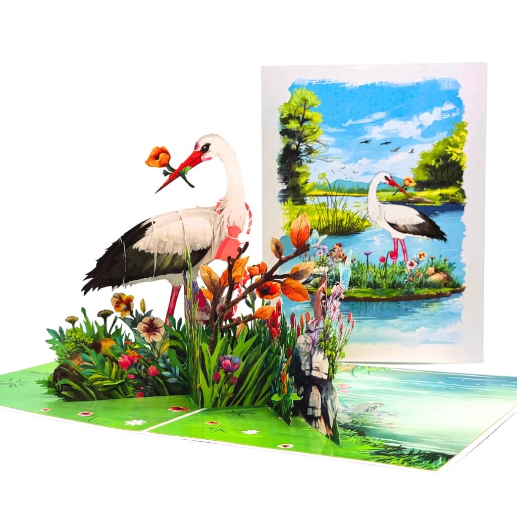 White Stork Bird in Lake with Spring Flowers 3D Pop-Up Greeting Card