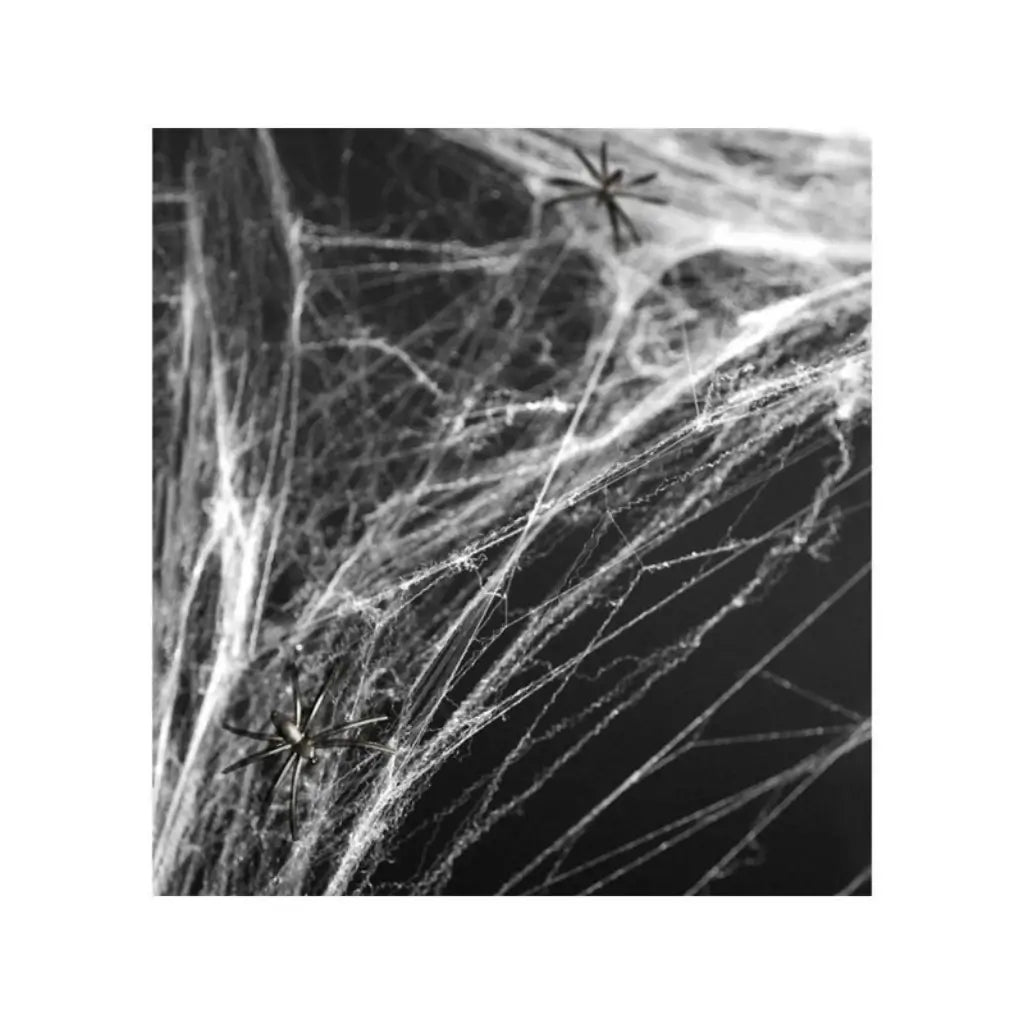 White stretch spiderweb Halloween decoration with black spiders