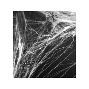 White stretch spiderweb Halloween decoration with black spiders