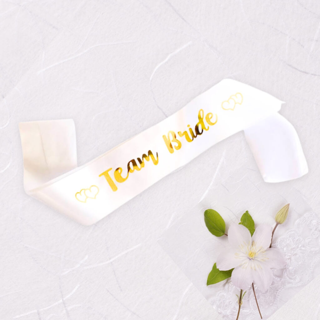 White Team Bride with Hearts Hen Party Satin Sash - Gold Foil Print