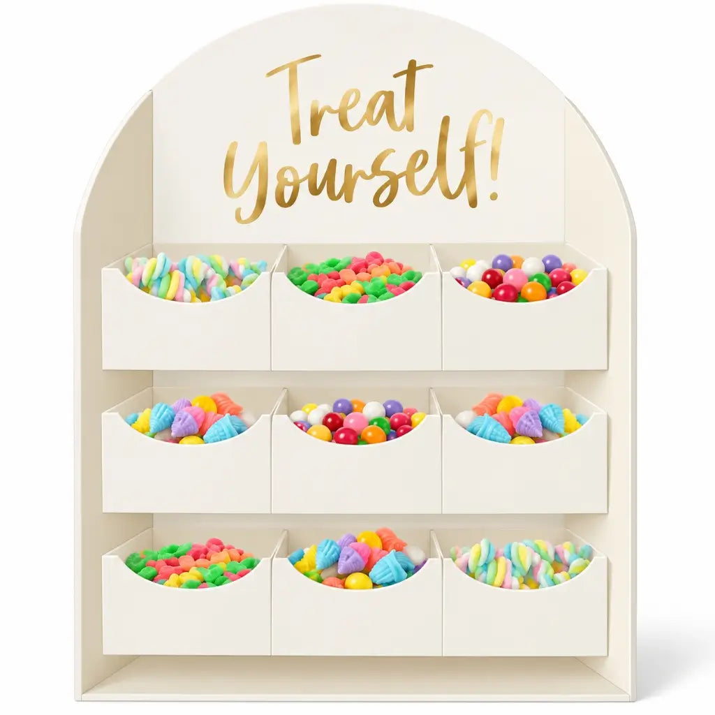 Three-tier party treat display with nine individual sweet boxes