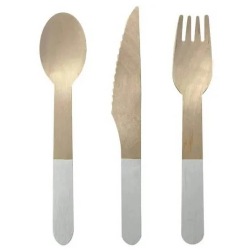 White Wooden Cutlery Set 30pk