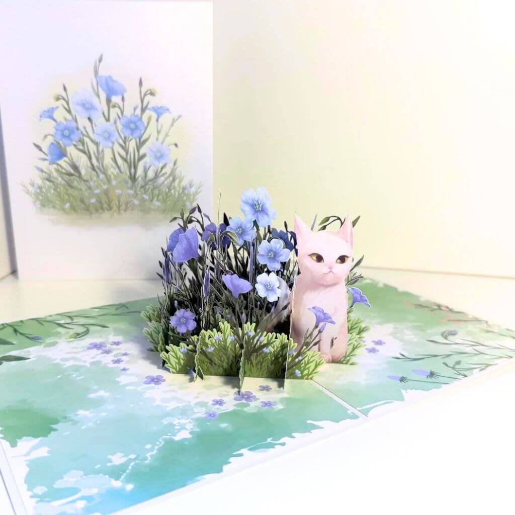 Wild Blue Flax Flower Garden with a White Cat 3D Pop Up Greeting Card