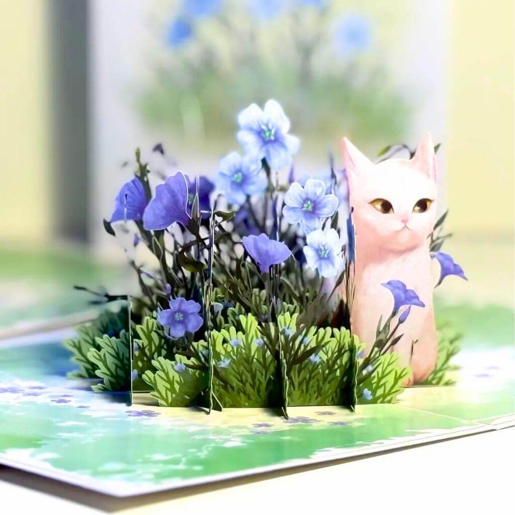 Wild Blue Flax Flower Garden with a White Cat 3D Pop Up Greeting Card