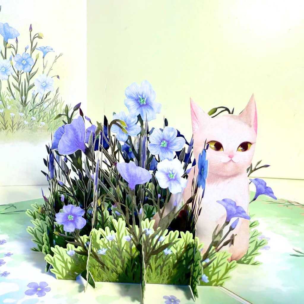 Wild Blue Flax Flower Garden with a White Cat 3D Pop Up Greeting Card