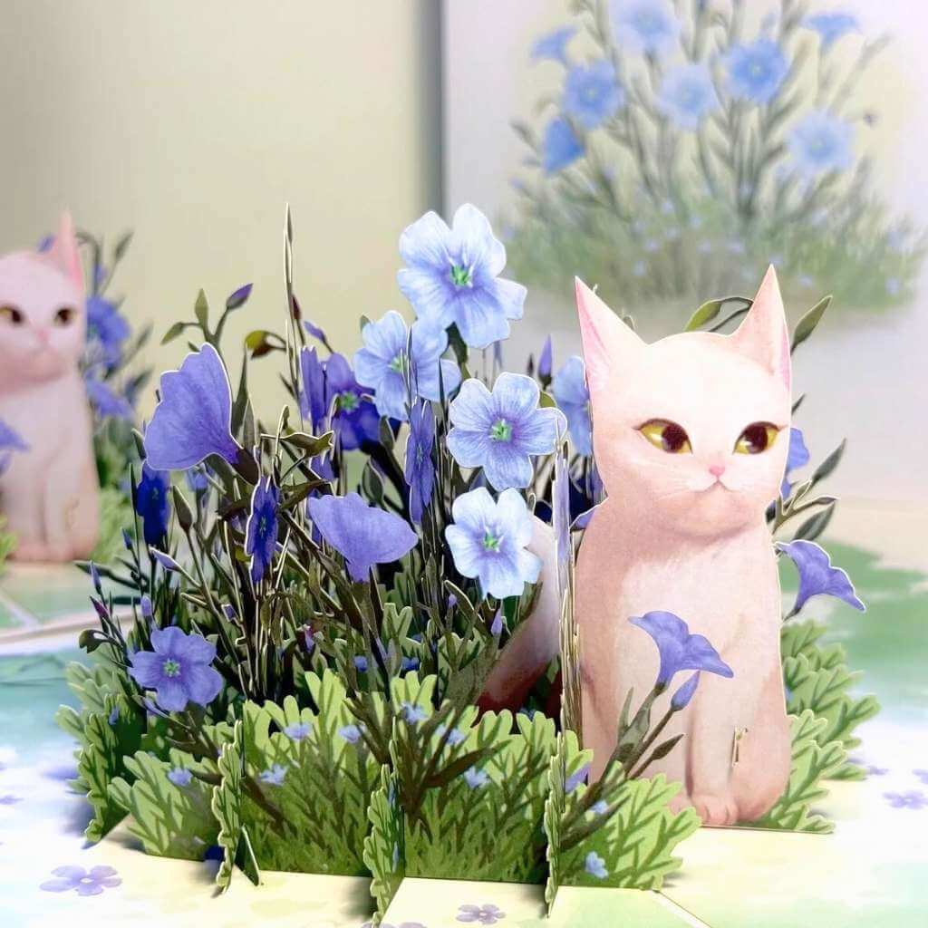 Wild Blue Flax Flower Garden with a White Cat 3D Pop Up Greeting Card
