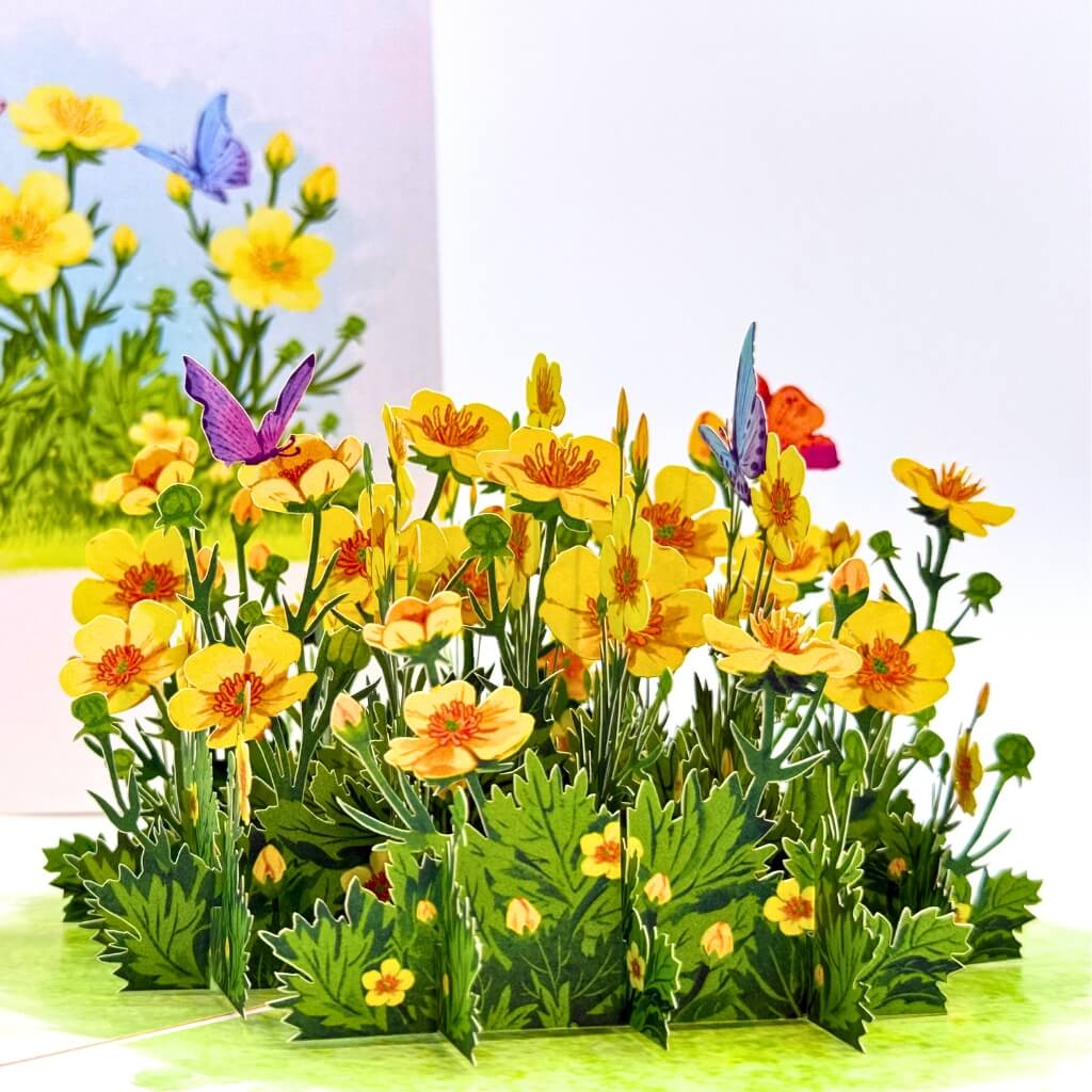 Glossy Yellow Wild Celery or Creeping Buttercup Flower Garden with butterfies 3D Pop Up Greeting Card