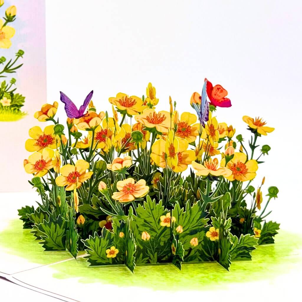 Glossy Yellow Wild Celery or Creeping Buttercup Flower Garden with butterfies 3D Pop Up Greeting Card