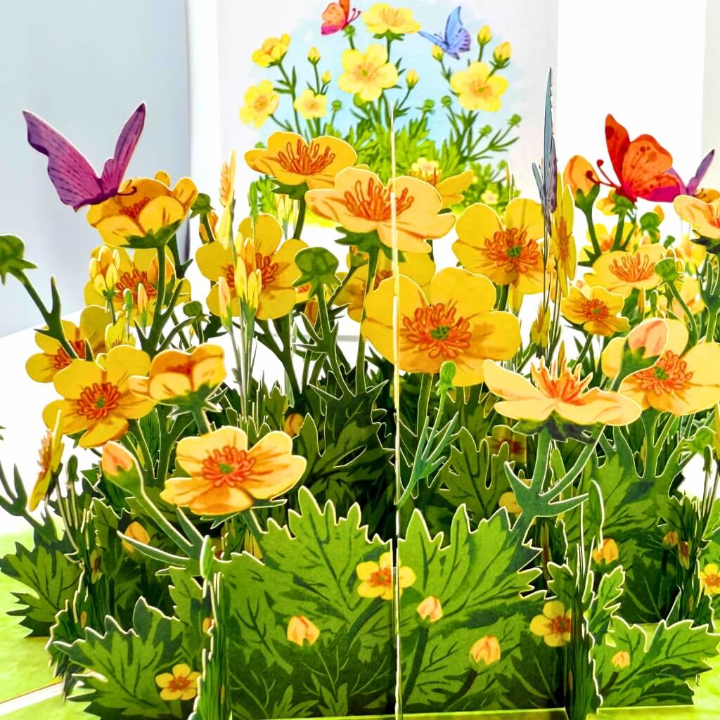 Glossy Yellow Wild Celery or Creeping Buttercup Flower Garden with butterfies 3D Pop Up Greeting Card