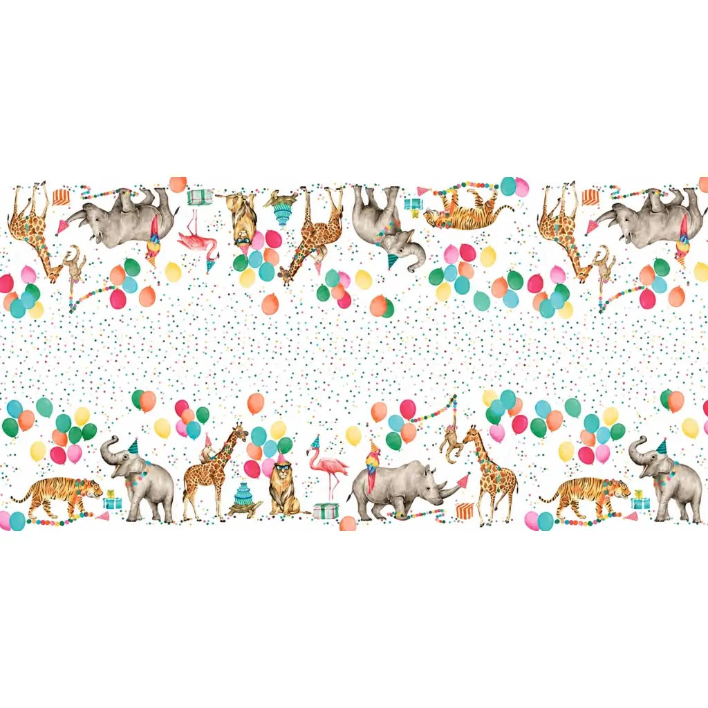 Wild Party Animals paper table runner with colourful balloons and confetti