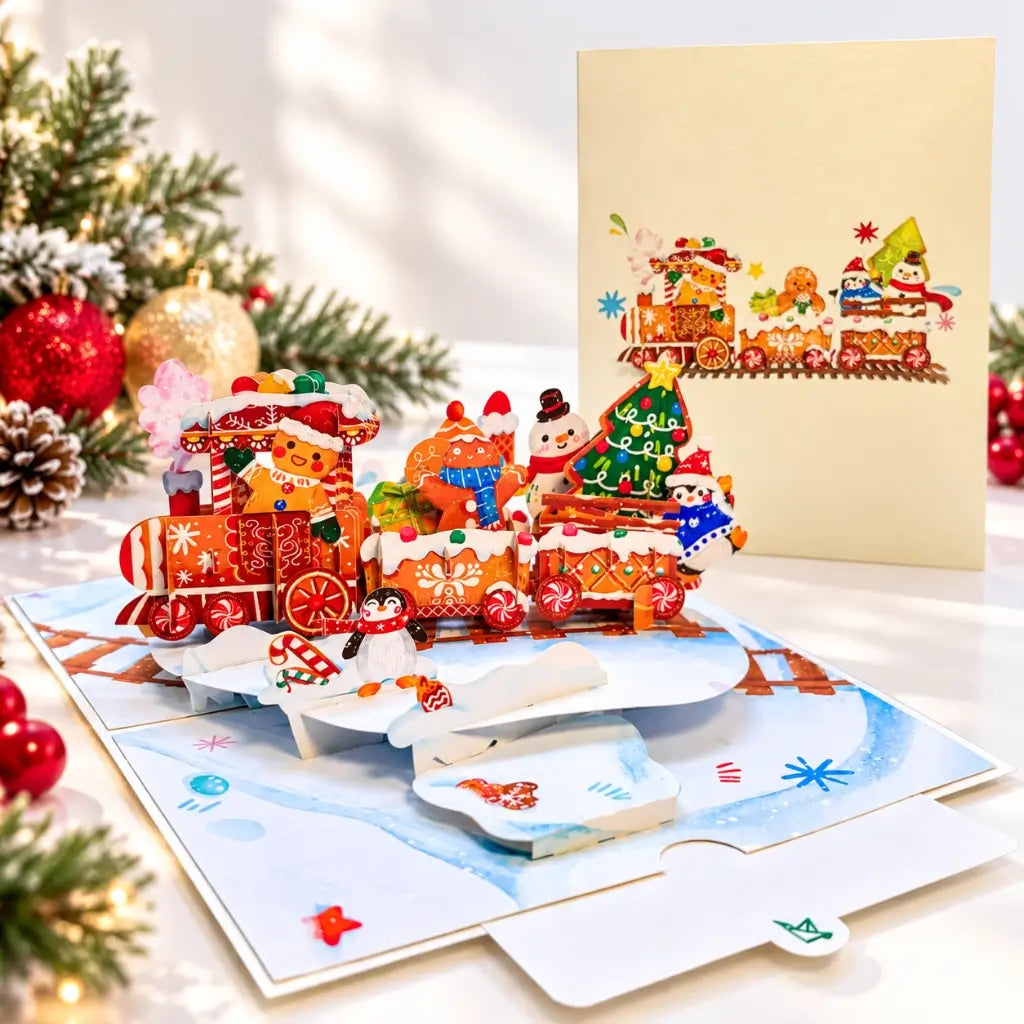 gingerbread Christmas train 3D greeting card displayed with festive Christmas decorations