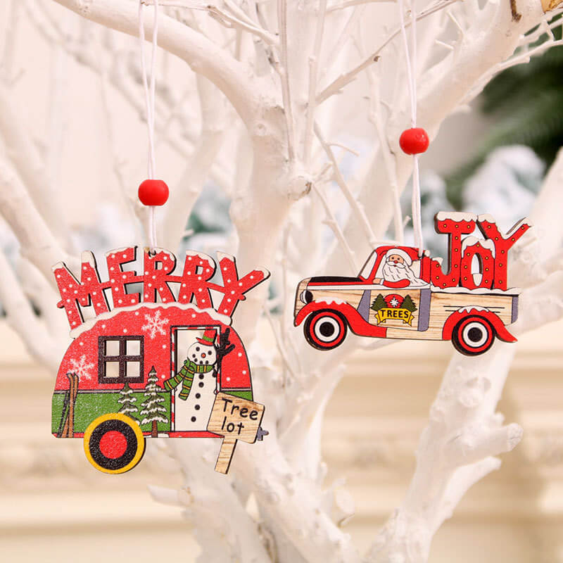 Wooden Vintage Christmas Vehicle Ornaments - Xmas Tree Hanging Pendants for Christmas Party Decorations