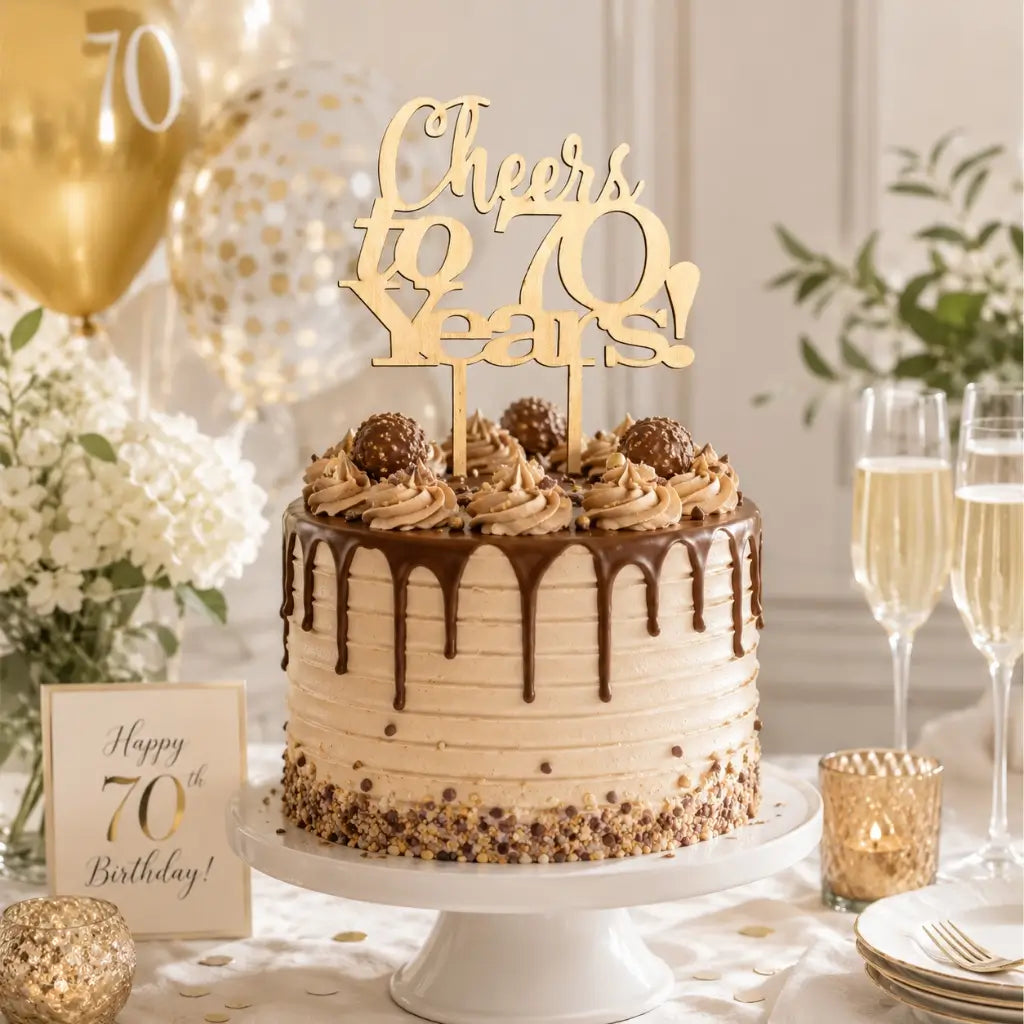 Wooden 'Cheers to 70 Years!' Birthday Cake Topper