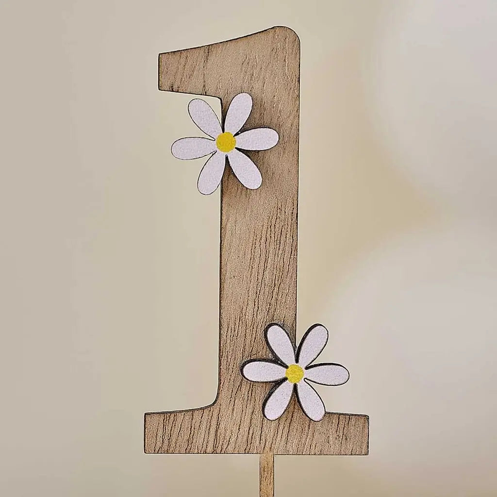 Wooden 1st Birthday Cake Topper with Daisies