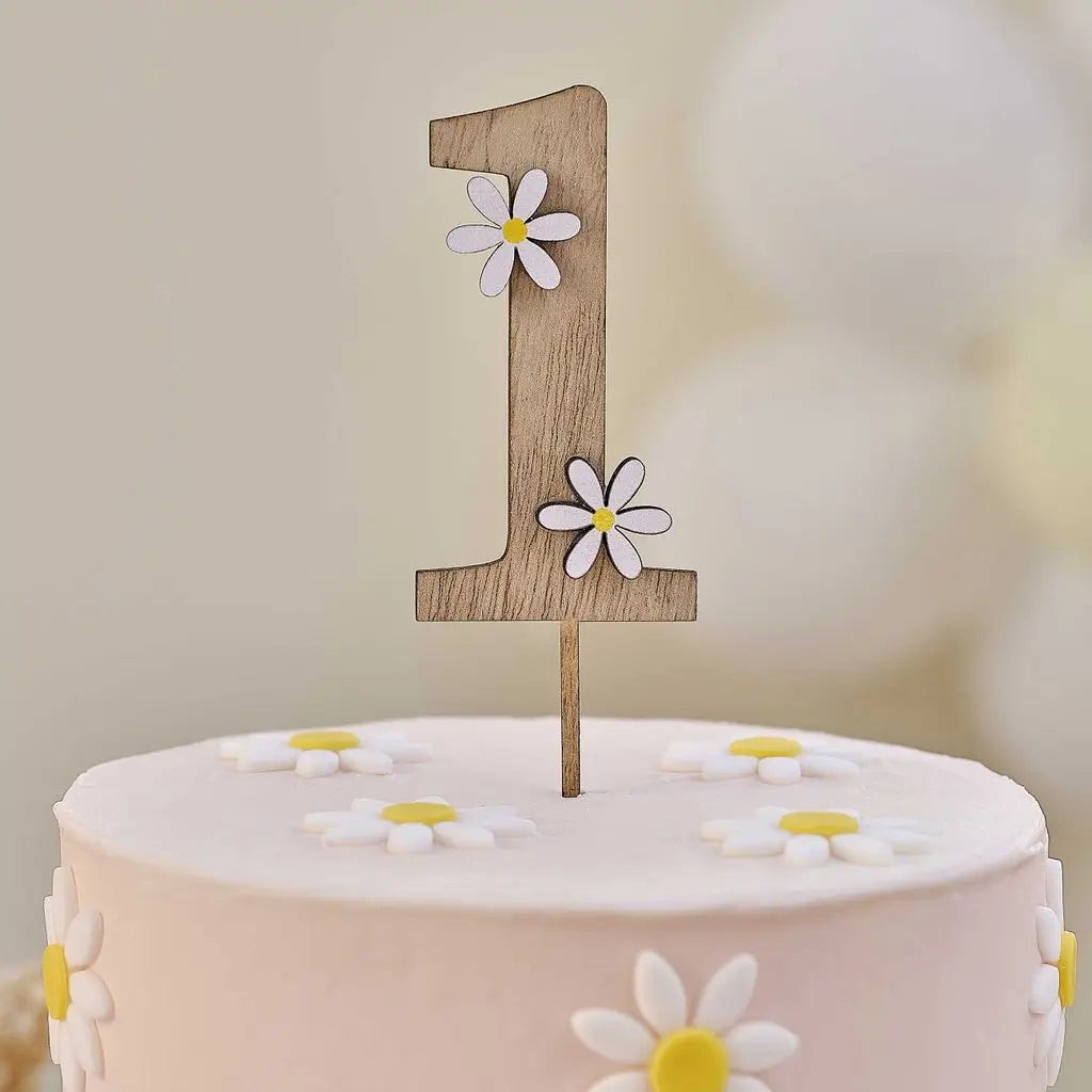 Wooden 1st Birthday Cake Topper with Daisies