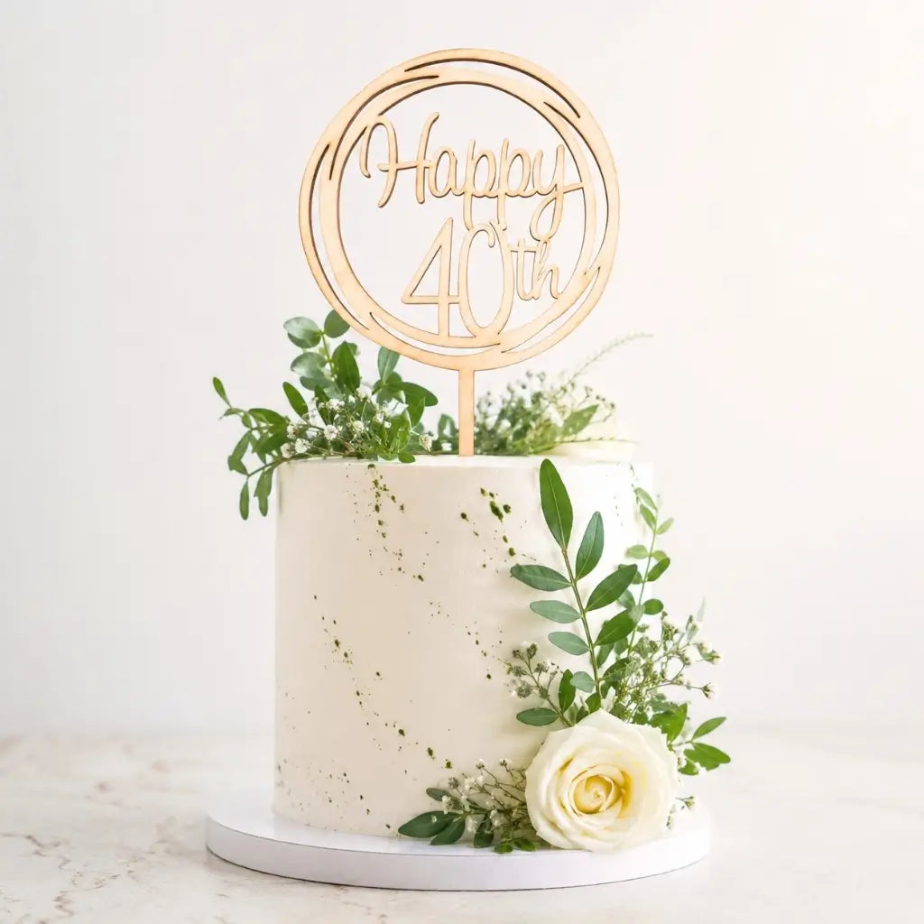 Wooden Geometric 'Happy 40th' Cake Topper