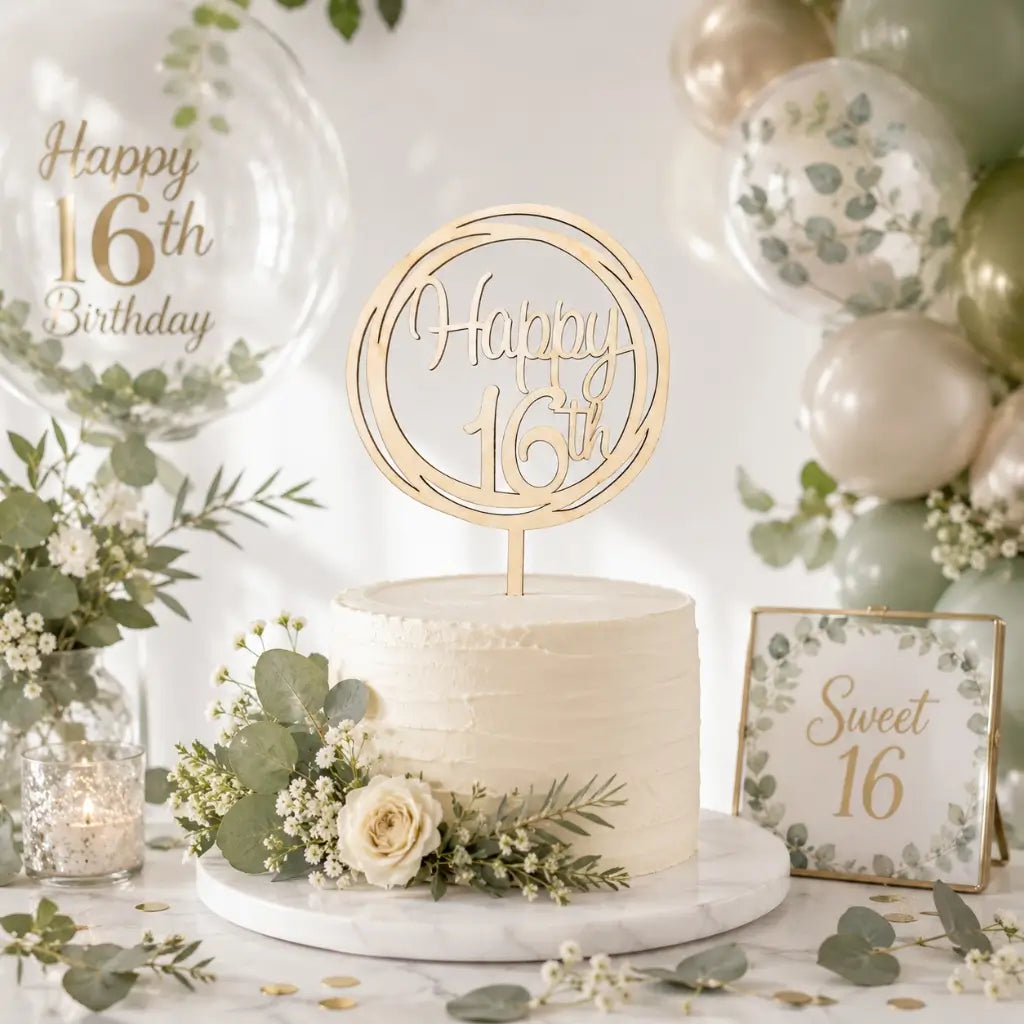 Wooden Geometric Happy 16th Cake Topper