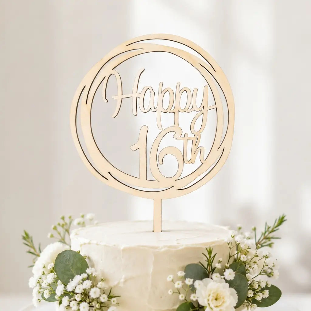 Wooden Geometric Happy 16th Cake Topper