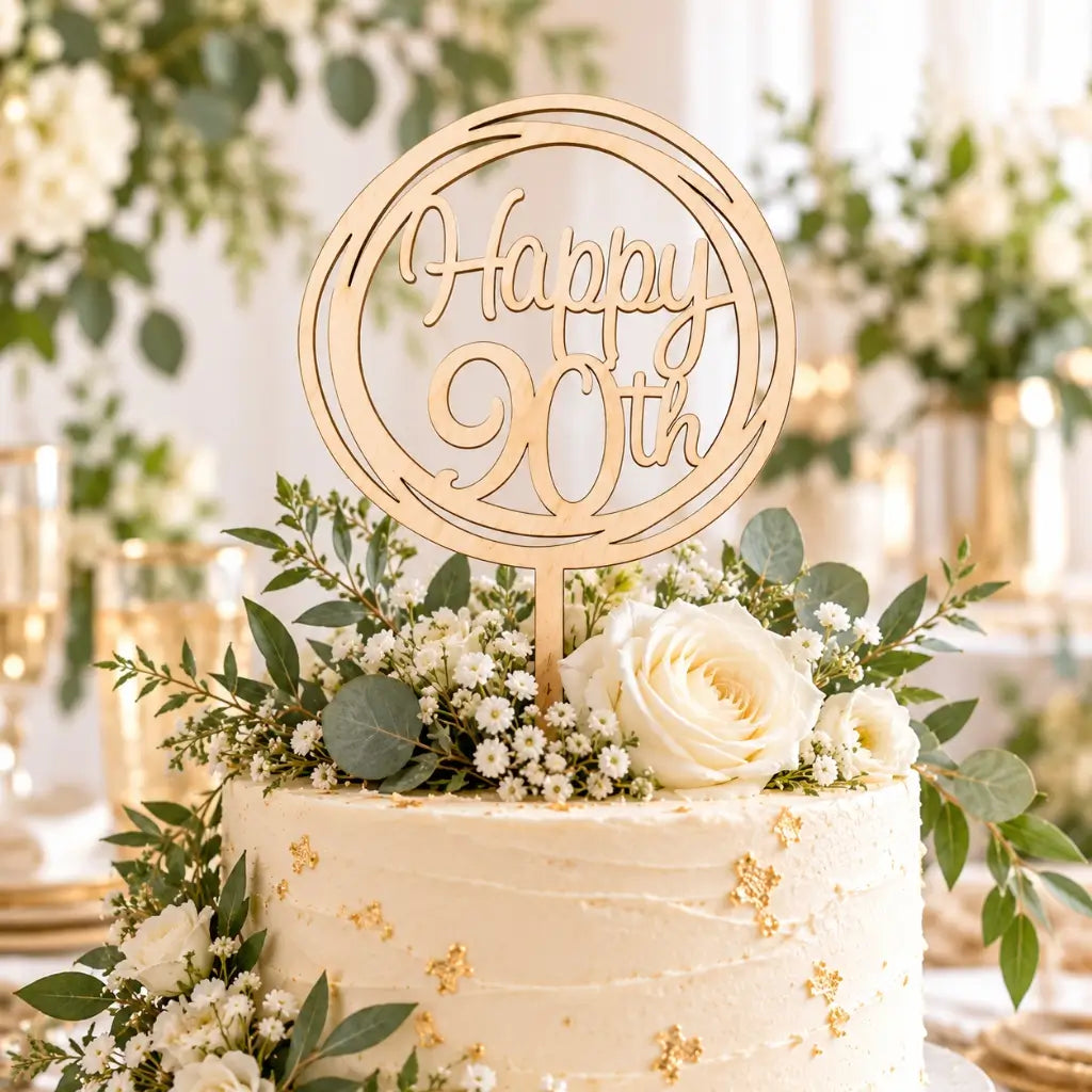 Wooden Geometric Round 'Happy 90th' Script Cake Topper