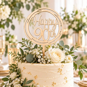 Wooden Geometric Round 'Happy 90th' Script Cake Topper