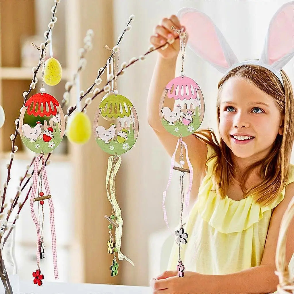 Wooden Happy Easter Hen & Chick in Egg Hanging Ornament Pendant