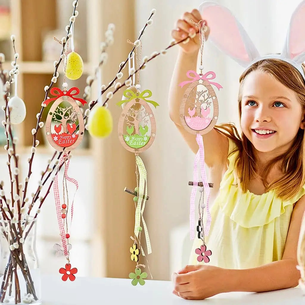 Wooden Happy Easter Chickens in Egg Hanging Ornament Pendant